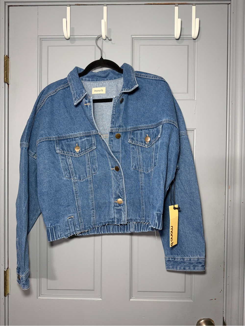 Mono B Blue Cropped Denim Jacket with Elastic Hem
